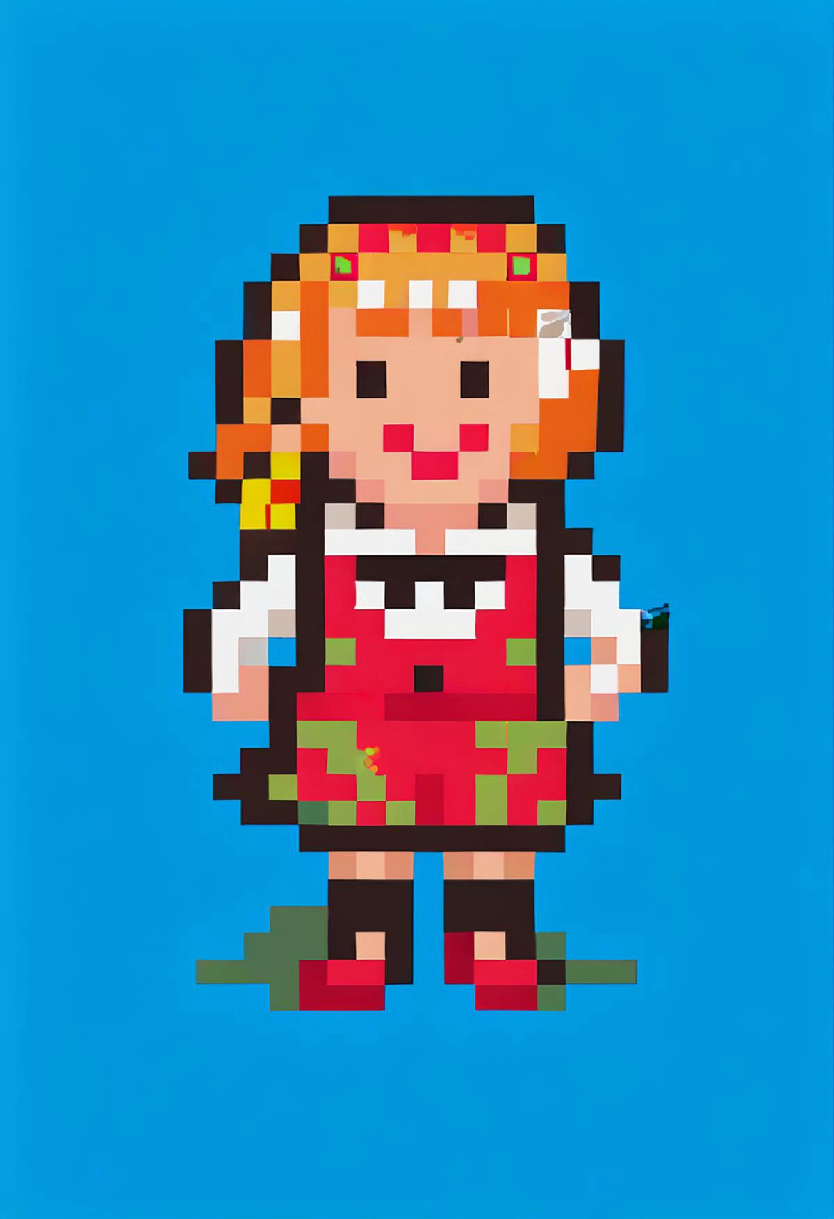 score_9, score_8_up, score_7_up, source_anime, 1girl, smile, <lora:EarthboundSpriteStyle-pdxl:1> pixel art, full body, standing, chibi, looking at viewer, blue background, <lora:LapisFE-pdxl:1> casLapis, short hair, side braid, two-tone hairband, hair ribbon, red pinafore dress, black socks, red footwear