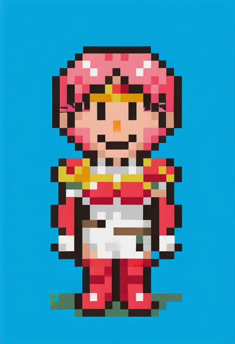 score_9, score_8_up, score_7_up, source_anime, 1girl, smile, <lora:EarthboundSpriteStyle-pdxl:1> pixel art, full body, standing, chibi, looking at viewer, blue background, <lora:MarciaFE-pdxl:1> defMarcia, short hair, white tunic, collared shirt, short sleeves, red armor, breastplate, headband, shoulder armor, red elbow gloves, belt, thigh boots