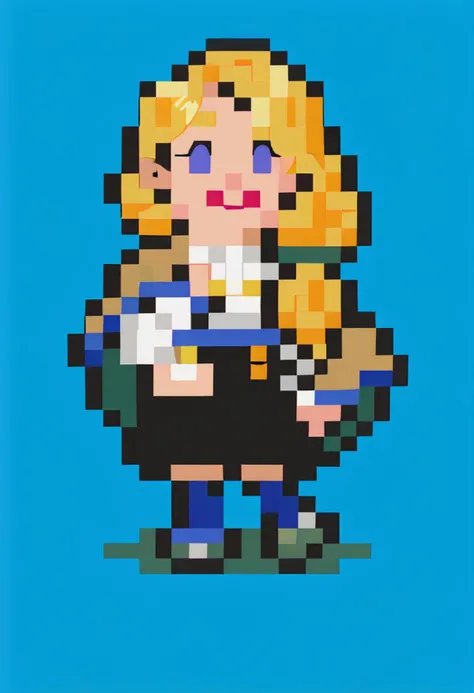 score_9, score_8_up, score_7_up, source_anime, 1girl, smile, <lora:EarthboundSpriteStyle-pdxl:1> pixel art, full body, standing, chibi, looking at viewer, blue background, <lora:mercedes-pdxl-nvwls-v1:1> defMercie, blue eyes, low-tied long hair, hair over shoulder, capelet, white shirt, high-waist skirt, black skirt, blue leggings