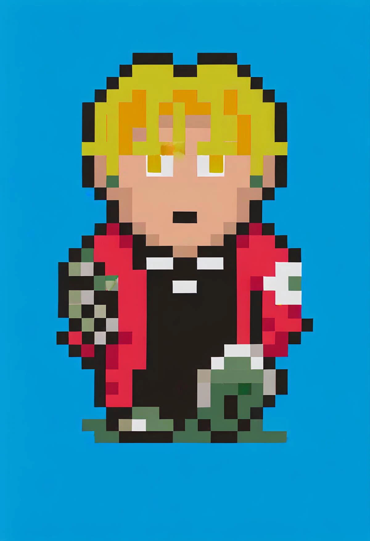 score_9, score_8_up, score_7_up, source_anime, 1boy, <lora:EarthboundSpriteStyle-pdxl:1> pixel art, full body, standing, chibi, looking at viewer, blue background, edward elric, fullmetal alchemist, blonde hair, yellow eyes, red coat, black shirt, mechanical arm