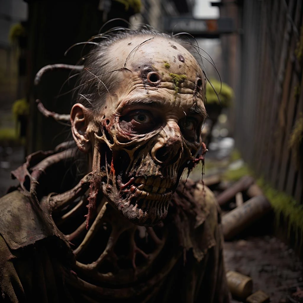 <lora:RPGWight:1.0> wight:1, ((medium range)), solo, red eyes, bloody, moss, dirty, rotting decaying flesh, dark cinematic lighting, (urban alley: 1.5), trash cans, rats, roaches