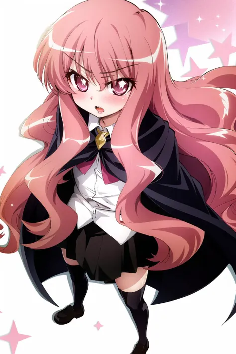 1girl, black legwear, black skirt, blush, cape, diffraction spikes, eyebrows visible through hair, glint, lens flare, long hair, looking at viewer, louise francoise le blanc de la valliere, open mouth, pink hair, pleated skirt, school uniform, shoes, skirt, solo, sparkle, sparkle background, standing, thighhighs, very long hair, wavy hair <lora:Louisev1:0.7>