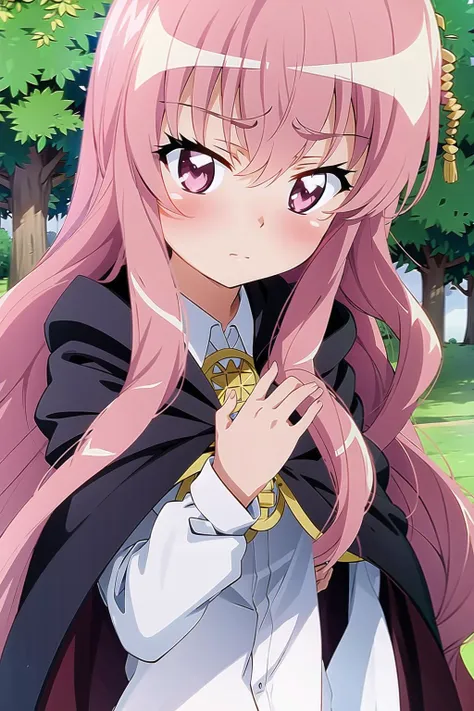 1girl, bangs, black cape, blush, cape, cloak, closed mouth, day, eyebrows visible through hair, grass, hair between eyes, hand on own chest, long hair, long sleeves, looking down, louise francoise le blanc de la valliere, outdoors, pink eyes, pink hair, shirt, solo, upper body, white shirt <lora:Louisev1:0.7>