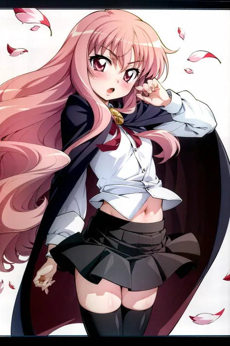 1girl, :o, black legwear, blush, cape, cherry blossoms, confetti, falling petals, long hair, long sleeves, louise francoise le blanc de la valliere, navel, open mouth, petals, pink eyes, pink hair, pleated skirt, rose petals, skirt, solo, thighhighs, v, wind, wind lift, zettai ryouiki <lora:Louisev1:0.7>