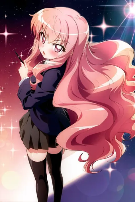 1girl, black legwear, black skirt, blush, cape, diffraction spikes, eyebrows visible through hair, glint, lens flare, long hair, looking at viewer, looking back, louise francoise le blanc de la valliere, open mouth, pink hair, pink eyes, pleated skirt, school uniform, shoes, skirt, solo, sparkle, sparkle background, standing, thighhighs, very long hair, wavy hair <lora:Louisev1:0.7>