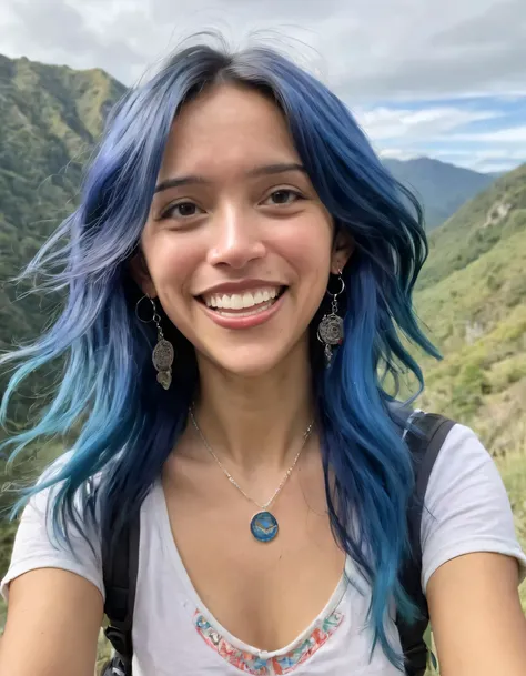 Ally Purugganan, with her distinct blue hair and sun-kissed skin, embarked on an exhilarating solo adventure, hiking through the picturesque landscape as she let her long locks dance freely in the breeze; a wide smile adorning her face, she proudly flaunted her unique earrings and vibrant necklace while relishing each breathtaking vista that unfolded along her journey. <lora:vltvis18e8546c26ege8:1>