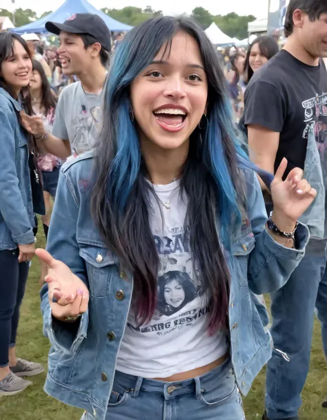 Ally Purugganan, sporting her signature long hair with striking blue highlights, excitedly chatted away with friends at the outdoor music festival as she wore her beloved worn-in jeans jacket and a vintage concert t-shirt, expressing her passion for the thrilling sounds of live music. <lora:qpmxxj18e852a035dz7e:1>