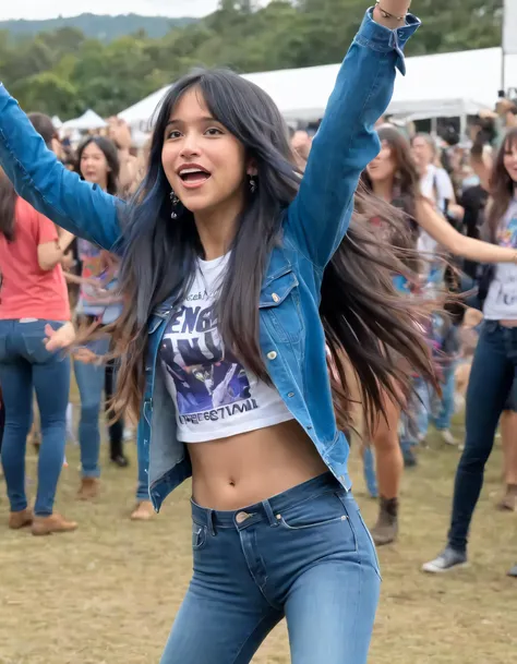 Ally Purugganan, with long tresses of vivid blue, dances energetically at a vibrant music festival, effortlessly captivating all eyes as she passionately sways in her fitting concert t-shirt and timeless jeans jacket, embodying the spirit of unbridled youthful enthusiasm. <lora:qpmxxj18e852a035dz7e:1>