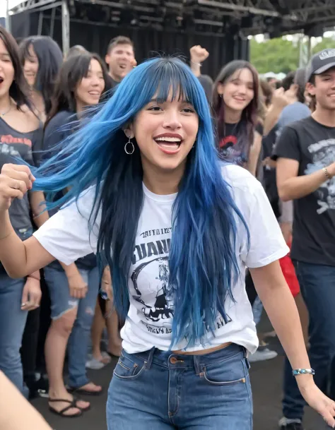 In this vivid scene, Ally Purugganan, with her striking long hair and blue hair accents, donned a stylish concert t-shirt featuring the band she loves, underneath a snugly fitting jeans jacket that accentuated both her personality and her passion for music. <lora:qpmxxj18e852a035dz7e:1>