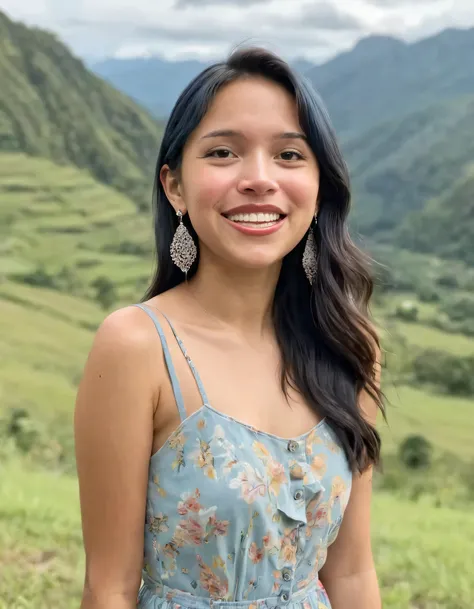Captured through the lens, Allie Purugganan, a vibrant young woman with an enchanting smile, donned a stylish outfit that included sparkling earrings, stood alone in a picturesque location, gazing confidently into the camera as she effortlessly became the focal point of the serene landscape behind her. Ally Purugganan <lora:qhvjiw18e853820abtb2:1>