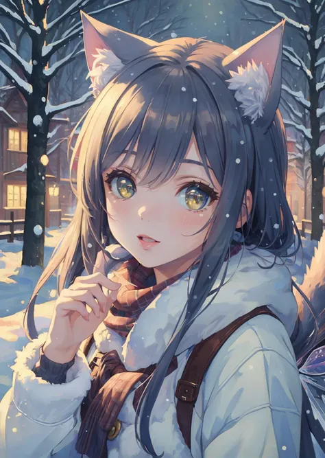 masterpiece, best quality, ultra detailed,8k, 4k, intricate,highly detailed,detailed face,(extremely detailed fine touch:1.2),
BREAK
(illustration, 8k CG, extremely detailed),(whimsical),catgirl,teenage girl,playing in the snow,winter wonderland,snow-covered trees,soft pastel colors,gentle lighting,sparkling snow,joyful,magical atmosphere,highly detailed,fluffy cat ears and tail,intricate winter clothing,shallow depth of field,watercolor techniques,close-up shot,slightly tilted angle,fairy tale architecture,nostalgic,playful,winter magic,(masterpiece:2),best quality,ultra highres,original,extremely detailed,perfect lighting,