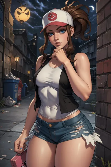 ((sexy girl ,young)), glamorous, slender, hilda, street hooker clothes, moistened eyes,blush, prostitute, slutty, (makeup), eyeshadow, thong, tattoo, piercings, tattoo on breast, (tattoo on tits), tattoo on thigh, neon lights, outdoors, neon lights, spiderweb tattoo, derogatory bodywriting, hotpants, graffitti on walls, brothel, cigarette,