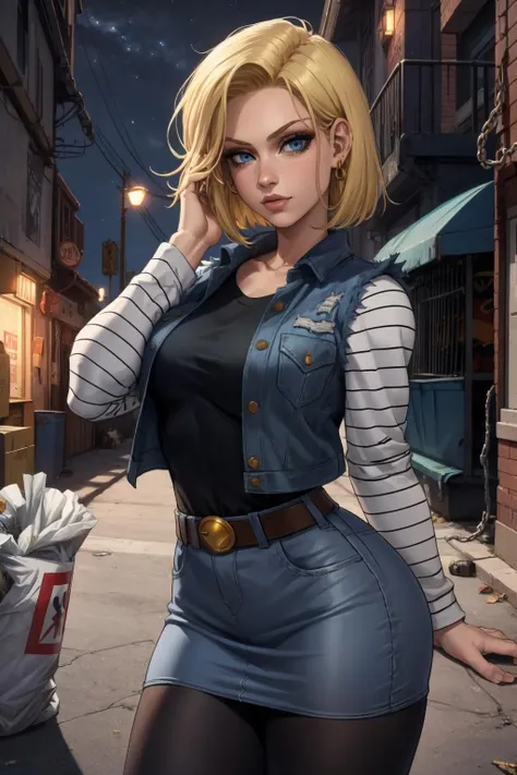 1girl, (solo:1.2), (adjusting clothes:1.3), (looking at self:1.5), (cowboy shot:1.5), (curvy:1.2),, (masterpiece:1.3), (best quality:1.3), (perfect anatomy:1.4), highly detailed, <lora:Sciamano240 [MockAi - v1.0]:0.8> sciamano240, soft shading, detailed, semi-realistic, <lora:DB - Android 18 [AsuraAI - v1.0]:0.85> android18, earrings, denim, belt, blonde hair, blue eyes, short hair, jewelry, (denim vest:1.2), open vest, black pantyhose, black shirt, denim skirt, (white striped long sleeves), blue skirt, large breasts, (night:1.5), (dark alleyway inside a large city:1.2), (chainlink fence:1.2), (trash lying around:1.2), concrete, sparse lighting, (dystopian)