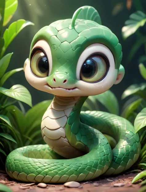 very cute illustration baby snake green, big cute eyes, tranding on artstation, cinematic lighting, majestic,digital photography, 3d <lora:3D模å丨å¯ç±åSDXLç_v1.0:0.8> , MG_IP, PIXAR