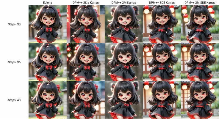 MG_ip,1girl,red eyes,chibi,open mouth,smile,ahoge,solo,looking at viewer,bangs,:d,teeth,blurry background,full body,blurry,hair ornament,hair between eyes,black hair,long sleeves,dress,standing,upper teeth only,<lora:MG_ip:1>,