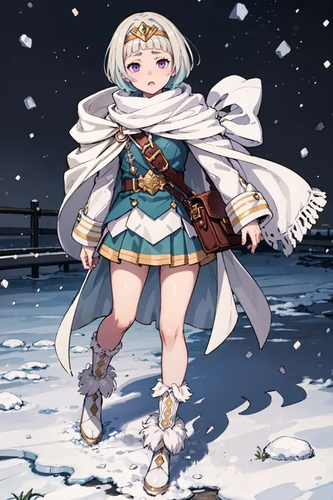 <lora:ylgrV2:0.85>ãdef_ylgr,tareme,looking at viewer,cape, dress, short dress, long sleeves, jewelry, boots, belt, white cape, white footwear, shoulder bag, fur trim,town,on snow, (masterpiece, best quality, ultra-detailed, best shadow)