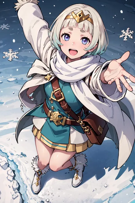 happy,<lora:ylgrV2:0.85>ãdef_ylgr,tareme,snowflakes, outstretched arms, (from above:1.2),looking at viewer,cape, dress, short dress, long sleeves, jewelry, boots, belt, white cape, white footwear, shoulder bag, fur trim,town,on snow, (masterpiece, best quality, ultra-detailed, best shadow)