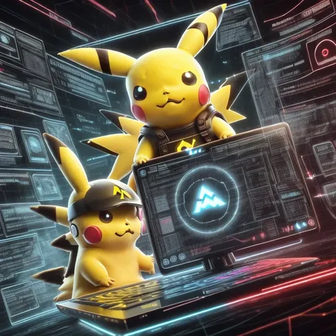 (pikachu using a laptop) in cyberspace, hyperspace, hacking a complex computer network <lora:hackingui:1>, hackingui, user interface, hud, red and black