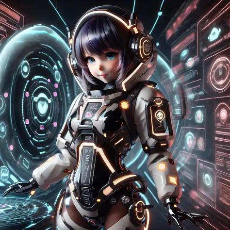 (cute girl in a latex exosuit:1.2) in round room, cyberspace, hyperspace, hacking a futuristic computer network, hackingui, user interface, hud, rainbow colors, <lora:hackingui:1>, (perfect hair, perfect face:1.25)