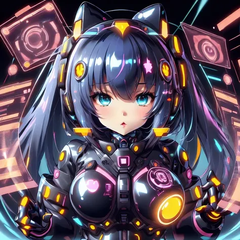 (cute girl in a latex exosuit:1.2) in round room, cyberspace, hyperspace, hacking a futuristic computer network, hackingui, user interface, hud, colorful rainbow colors, <lora:hackingui:1>, (perfect hair, perfect face:1.25)