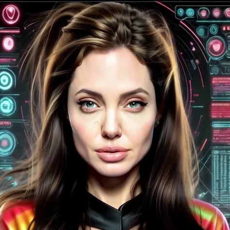 (angelina jolie) hackingui, user interface, hud, colorful rainbow colors, <lora:hackingui:1>, (perfect hair, perfect face:1.25)