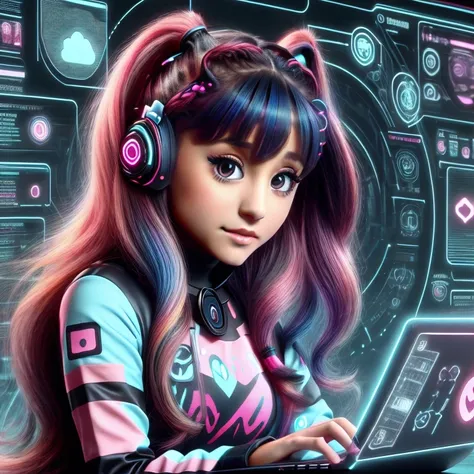 (ariana grande) using a laptop, hackingui, user interface, hud, colorful rainbow colors, <lora:hackingui:1>, (perfect hair, perfect face:1.25)