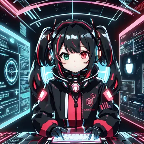 cute girl in cyberspace, hyperspace, hacking a futuristic computer network, hackingui, user interface, hud, red and black , perfect hair, perfect face, Heterochromia, multicolored hair, computer screen, screen, behind screen, {{braid}}, short hair, headphones, headset, twintails, mecha, mecha musume, mechanical body, mechanical arms, <lora:hackingui:0.8>,