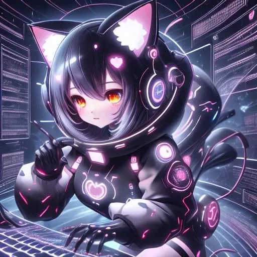 cute nekomimi in cyberspace, hyperspace, hacking a complex computer network <lora:hackingui:1>, hackingui, user interface, hud,