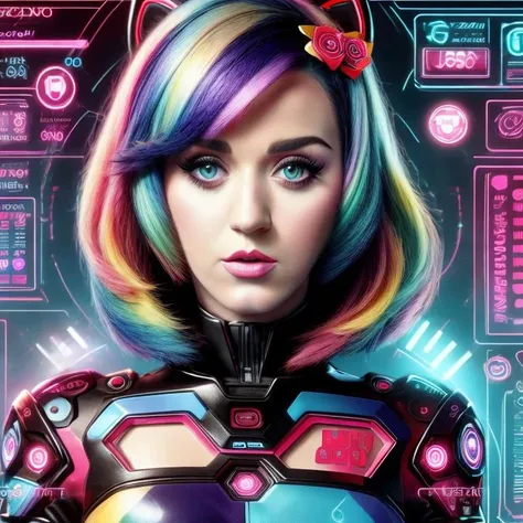 (katy perry) hackingui, user interface, hud, colorful rainbow colors, <lora:hackingui:1>, (perfect hair, perfect face:1.25)