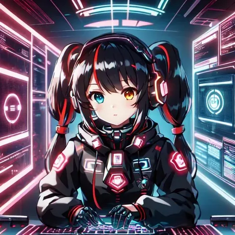 cute girl in cyberspace, hyperspace, hacking a futuristic computer network, hackingui, user interface, hud, red and black , perfect hair, perfect face, Heterochromia, multicolored hair, computer screen, screen, behind screen, {{braid}}, short hair, headphones, headset, twintails, mecha, mecha musume, mechanical body, mechanical arms,   <lora:hackingui:0.8>,
