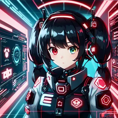 cute girl in cyberspace, hyperspace, hacking a futuristic computer network, hackingui, user interface, hud, red and black , perfect hair, perfect face, Heterochromia, multicolored hair, computer screen, screen, behind screen, {{braid}}, short hair, headphones, headset, twintails, mecha, mecha musume, mechanical body, mechanical arms,   <lora:hackingui:0.8>,