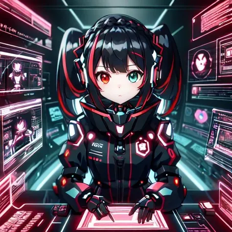 cute girl in cyberspace, hyperspace, hacking a futuristic computer network, hackingui, user interface, hud, red and black , perfect hair, perfect face, Heterochromia, multicolored hair, computer screen, screen, behind screen, {{braid}}, short hair, headphones, headset, twintails, mecha, mecha musume, mechanical body, mechanical arms,   <lora:hackingui:0.8>,