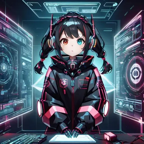 cute girl in cyberspace, hyperspace, hacking a futuristic computer network, hackingui, user interface, hud, red and black , perfect hair, perfect face, Heterochromia, multicolored hair, computer screen, screen, behind screen, {{braid}}, short hair, headphones, headset, twintails, mecha, mecha musume, mechanical body, mechanical arms,   <lora:hackingui:0.8>,