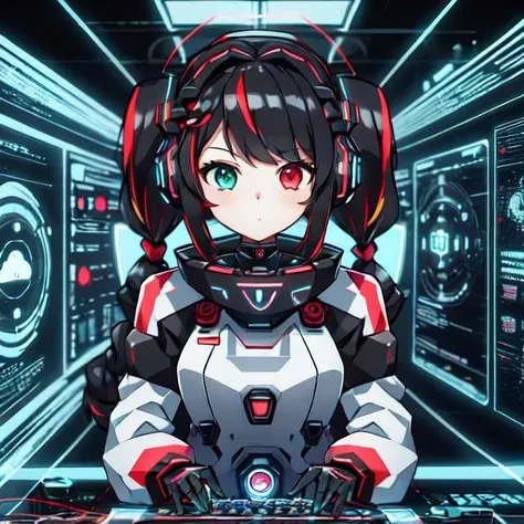 cute girl in cyberspace, hyperspace, hacking a futuristic computer network, hackingui, user interface, hud, red and black , perfect hair, perfect face, Heterochromia, multicolored hair, computer screen, screen, behind screen, {{braid}}, short hair, headphones, headset, twintails, mecha, mecha musume, mechanical body, mechanical arms,   <lora:hackingui:0.8>,