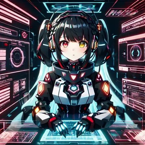 cute girl in cyberspace, hyperspace, hacking a futuristic computer network, hackingui, user interface, hud, red and black , perfect hair, perfect face, Heterochromia, multicolored hair, computer screen, screen, behind screen, {{braid}}, short hair, headphones, headset, twintails, mecha, mecha musume, mechanical body, mechanical arms,   <lora:hackingui:0.8>,