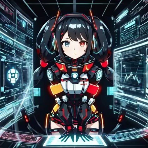cute girl in cyberspace, hyperspace, hacking a futuristic computer network, hackingui, user interface, hud, red and black , perfect hair, perfect face, Heterochromia, multicolored hair, computer screen, screen, behind screen, {{braid}}, short hair, headphones, headset, twintails, mecha, mecha musume, mechanical body, mechanical arms,   <lora:hackingui:0.8>,