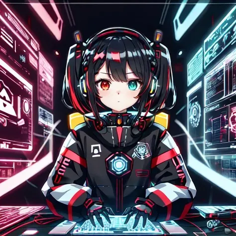 cute girl in cyberspace, hyperspace, hacking a futuristic computer network, hackingui, user interface, hud, red and black , perfect hair, perfect face, Heterochromia, multicolored hair, computer screen, screen, behind screen, {{braid}}, short hair, headphones, headset, twintails, mecha, mecha musume, mechanical body, mechanical arms,   <lora:hackingui:0.8>,