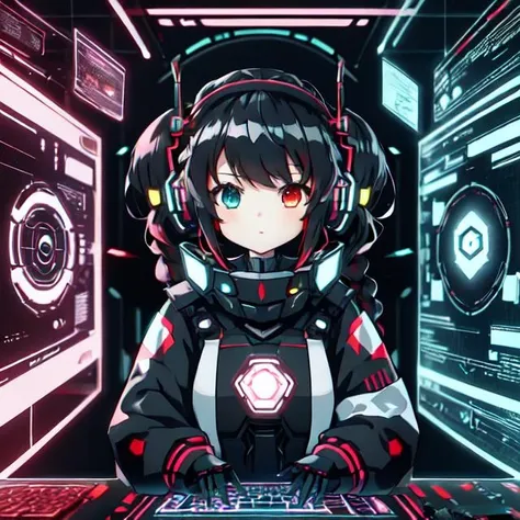 cute girl in cyberspace, hyperspace, hacking a futuristic computer network, hackingui, user interface, hud, red and black , perfect hair, perfect face, Heterochromia, multicolored hair, computer screen, screen, behind screen, {{braid}}, short hair, headphones, headset, twintails, mecha, mecha musume, mechanical body, mechanical arms,   <lora:hackingui:0.8>,