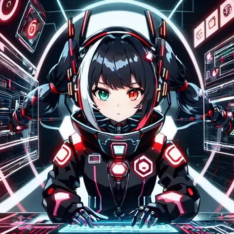 cute girl in cyberspace, hyperspace, hacking a futuristic computer network, hackingui, user interface, hud, red and black , perfect hair, perfect face, Heterochromia, multicolored hair, computer screen, screen, behind screen, {{braid}}, short hair, headphones, headset, twintails, mecha, mecha musume, mechanical body, mechanical arms,   <lora:hackingui:0.8>,