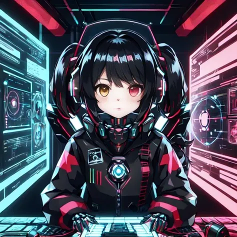 cute girl in cyberspace, hyperspace, hacking a futuristic computer network, hackingui, user interface, hud, red and black , perfect hair, perfect face, Heterochromia, multicolored hair, computer screen, screen, behind screen, {{braid}}, short hair, headphones, headset, twintails, mecha, mecha musume, mechanical body, mechanical arms,   <lora:hackingui:0.8>,