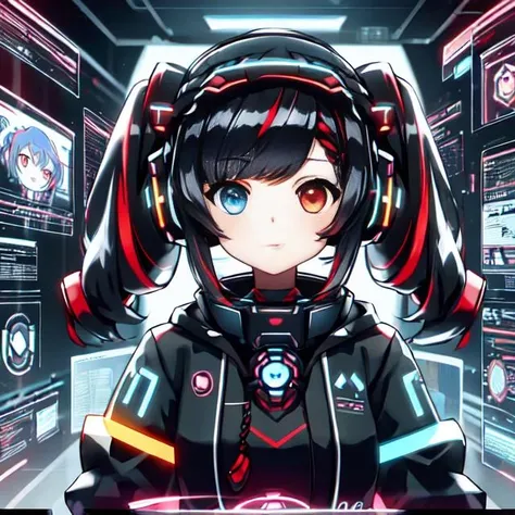 cute girl in cyberspace, hyperspace, hacking a futuristic computer network, hackingui, user interface, hud, red and black , perfect hair, perfect face, Heterochromia, multicolored hair, computer screen, screen, behind screen, {{braid}}, short hair, headphones, headset, twintails, mecha, mecha musume, mechanical body, mechanical arms,   <lora:hackingui:0.8>,