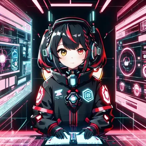 cute girl in cyberspace, hyperspace, hacking a futuristic computer network, hackingui, user interface, hud, red and black , perfect hair, perfect face, Heterochromia, multicolored hair, computer screen, screen, behind screen, {{braid}}, short hair, headphones, headset, twintails, mecha, mecha musume, mechanical body, mechanical arms,   <lora:hackingui:0.8>,