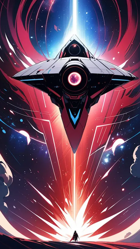 An audacious explorer with crimson cloak billowing, standing at the prow of an interstellar spacecraft, gazing into a nebula, captured in a dynamic anime illustration by a veteran artist.