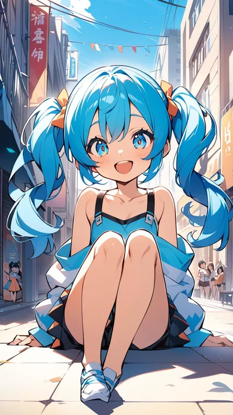 A cheerful character with sky-blue twin tails, sitting playfully in a sunny urban setting, featured anime illustration by a professional artist