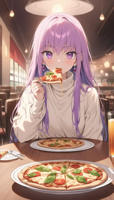 masterpiece, best quality, Perfect features, intricate details, earrings, Ray Tracing, (Depth of field), shiny, ultra resolution image, c.c., code geass, white shirt, long sleeves, turtleneck, sitting, looking at viewer, eating, pizza, plate, fork, knife, table, chair, table, restaurant, cinematic angle,