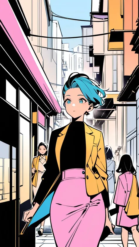 (flat color design, atmospheric scene, masterpiece, best quality) A cheerful cute (salary woman) with (black slick undercut hair:1.3), walking beautifully in a sunny urban setting, (Candid Moments, Unposed Composition, Authentic Storytelling, Spontaneity, True-to-Life Scenes)