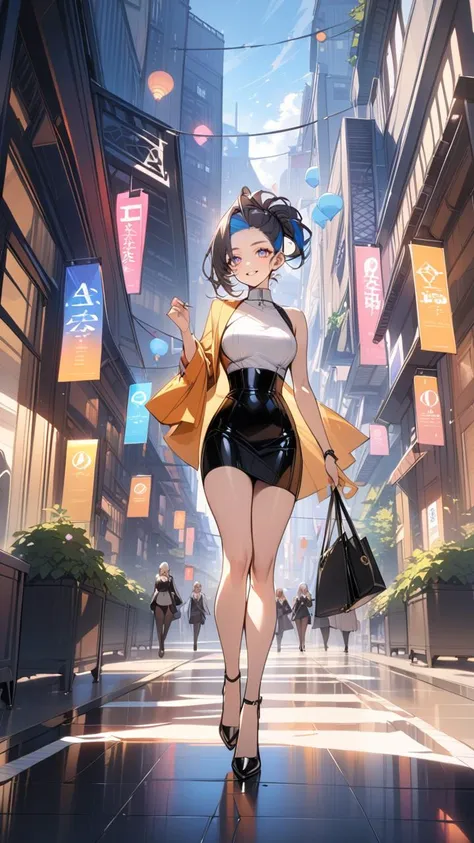 (colorful design, atmospheric scene, masterpiece, best quality) A cheerful cute (salary woman) with (black slick undercut hair:1.3), walking beautifully in a sunny urban setting