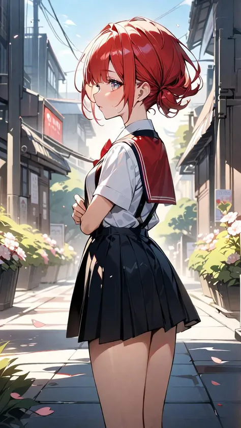 (colorful design, atmospheric scene, masterpiece, best quality) A cheerful cute (school girl) with (red slick undercut hair:1.3), standing gracefully in a sunny urban setting, cherry blossom garden