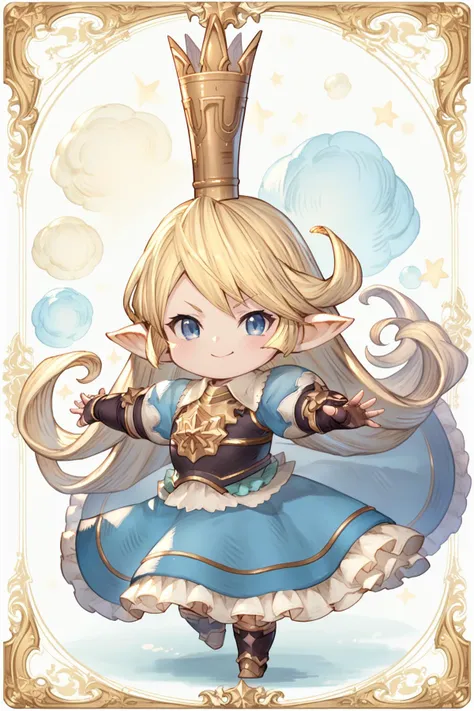 zPDXL, 1girl , <lora:Character_Charlotta_Granblue_Fantasy:1>, charlotta, granblue fantasy, dwarf,meadow background, dynamic pose, crown, blonde hair, blue eyes, pointy ears, chibi, solo female