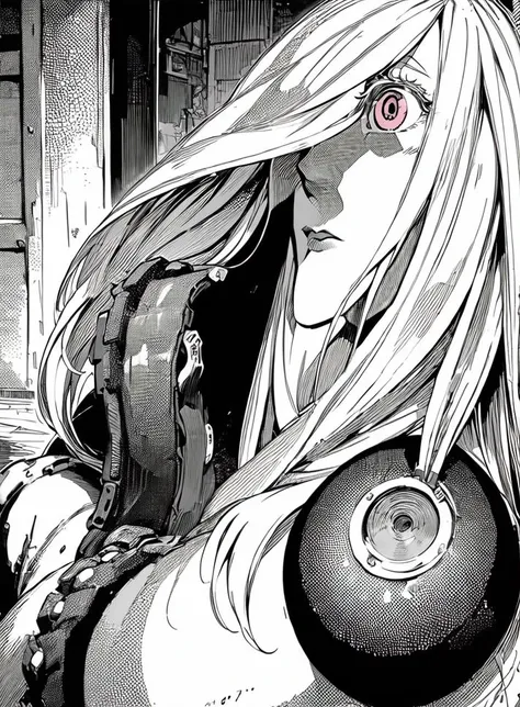 masterpiece, best quality, pink eyes, (hair over one eye1.1), 1girl, long hair, mechanical arms, large breasts, long hair, white hair, prosthesis, looking at viewer, prosthetic arm, (Victorian-era street background:1.3), (bike shorts:1.2, (Lying on the side, one hand propping up head :1),(furled brow face), , , , , <lora:Usagi-008-000008:0.8>, , vivid colors